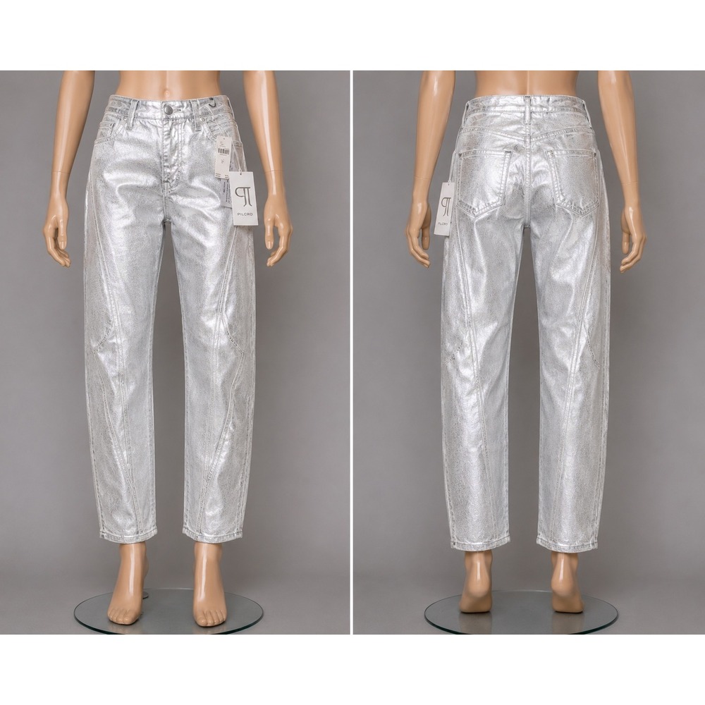 Pilcro Metallic Silver Foil High Rise Straight Leg Front Seam Y2K Jeans